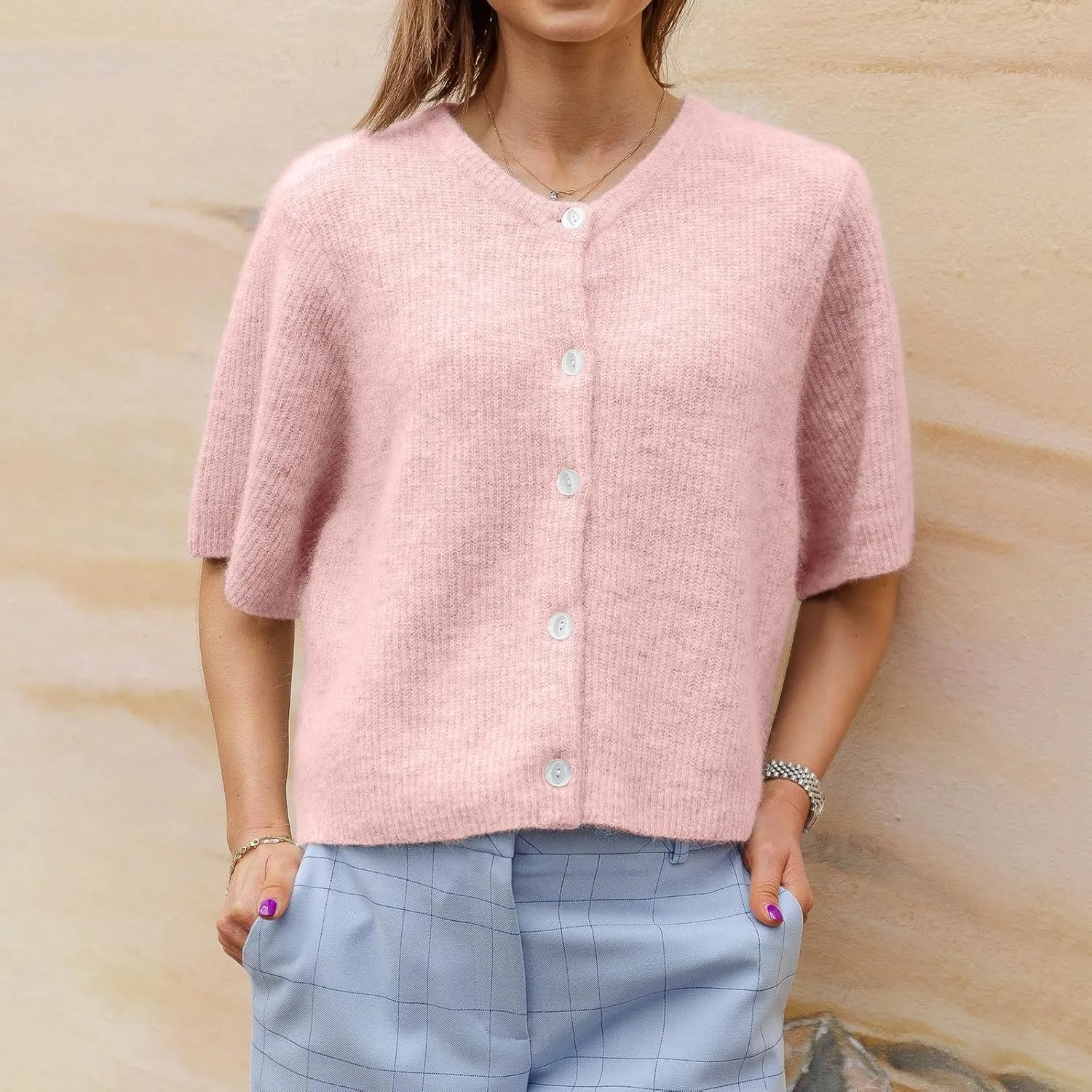 Women Knitted Crop Cardigan Shirt Y2k Short Sleeve Cardigan Button Up Rib Knit Elegant Loose Fit Sweater Tops