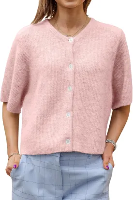 Women Knitted Crop Cardigan Shirt Y2k Short Sleeve Cardigan Button Up Rib Knit Elegant Loose Fit Sweater Tops