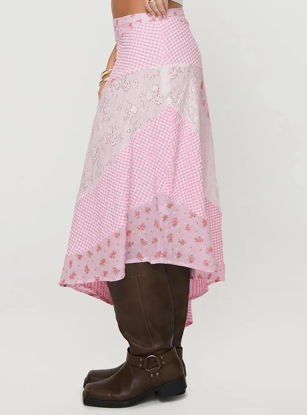 Women Lace Patchwork Skirt Y2K Flowy Low Rise Irregular Hem Polka Dot Skirts Summer Vacation Beachwear