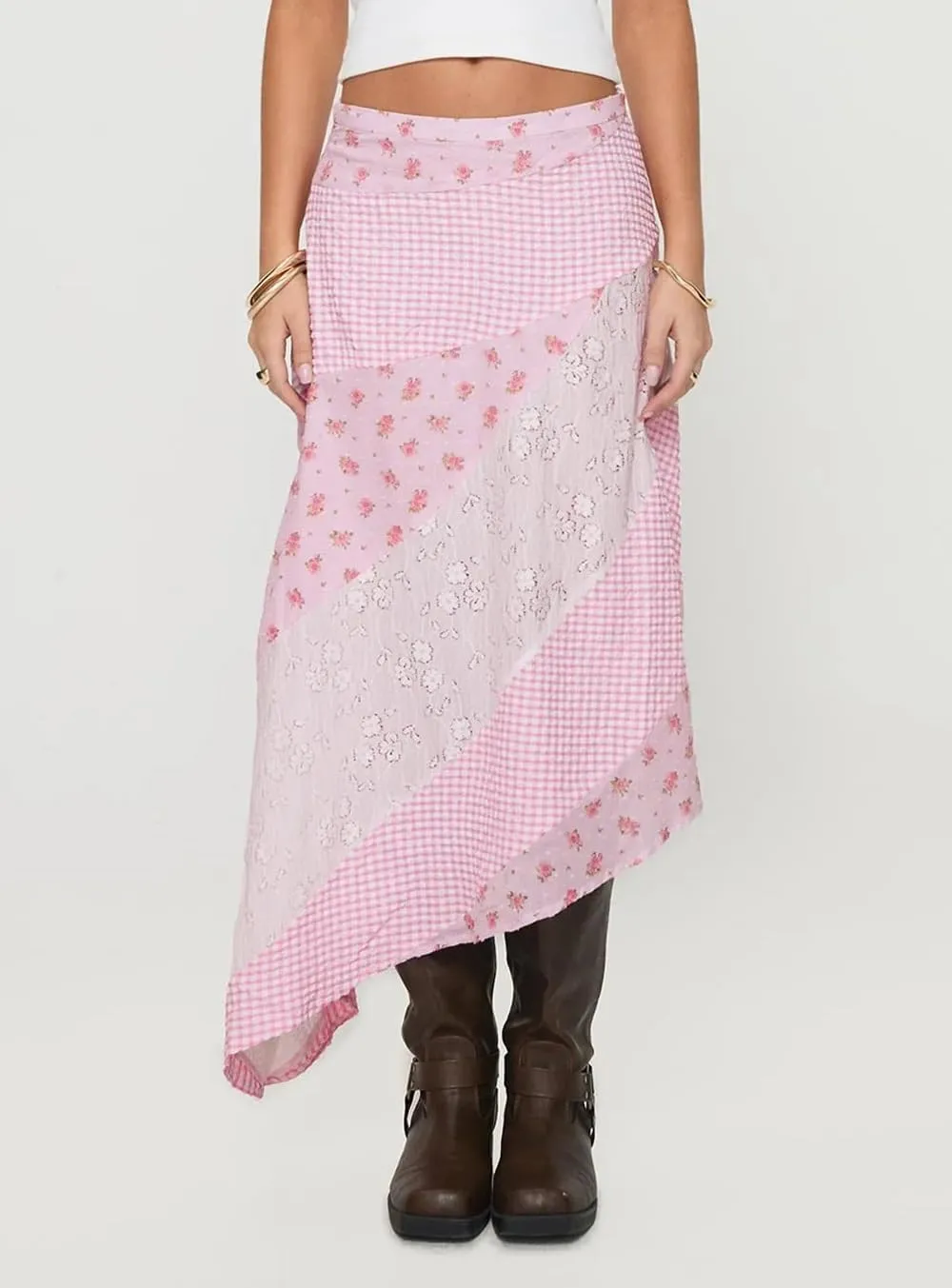 Women Lace Patchwork Skirt Y2K Flowy Low Rise Irregular Hem Polka Dot Skirts Summer Vacation Beachwear