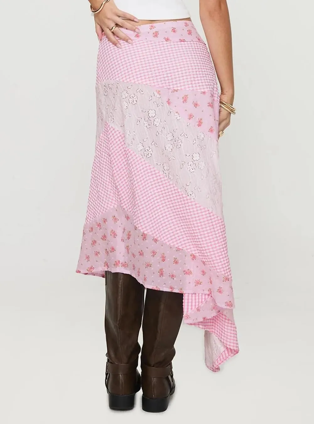 Women Lace Patchwork Skirt Y2K Flowy Low Rise Irregular Hem Polka Dot Skirts Summer Vacation Beachwear
