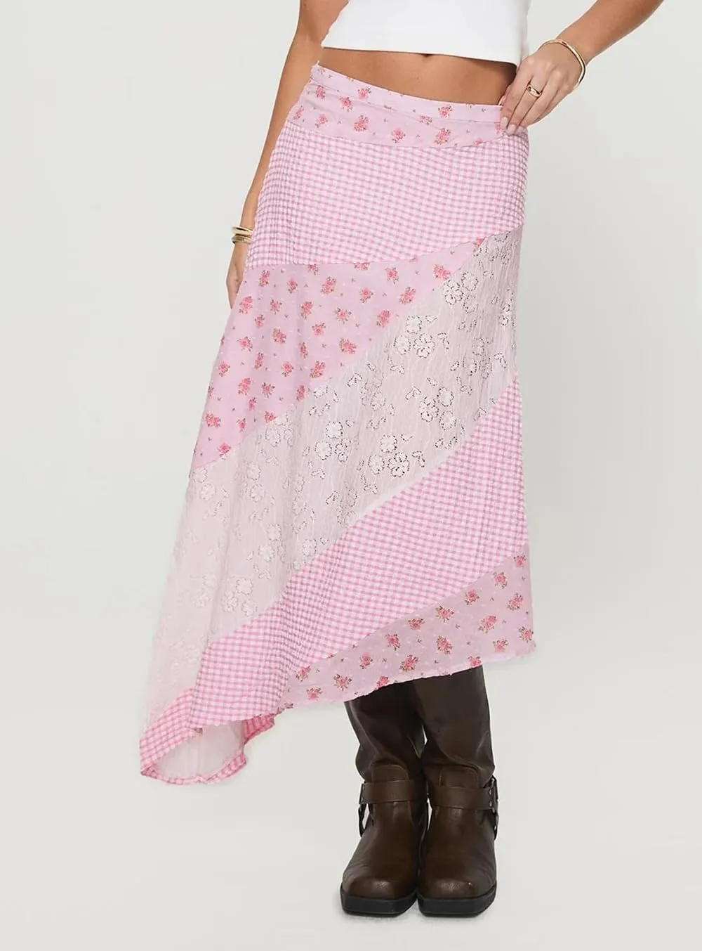 Women Lace Patchwork Skirt Y2K Flowy Low Rise Irregular Hem Polka Dot Skirts Summer Vacation Beachwear