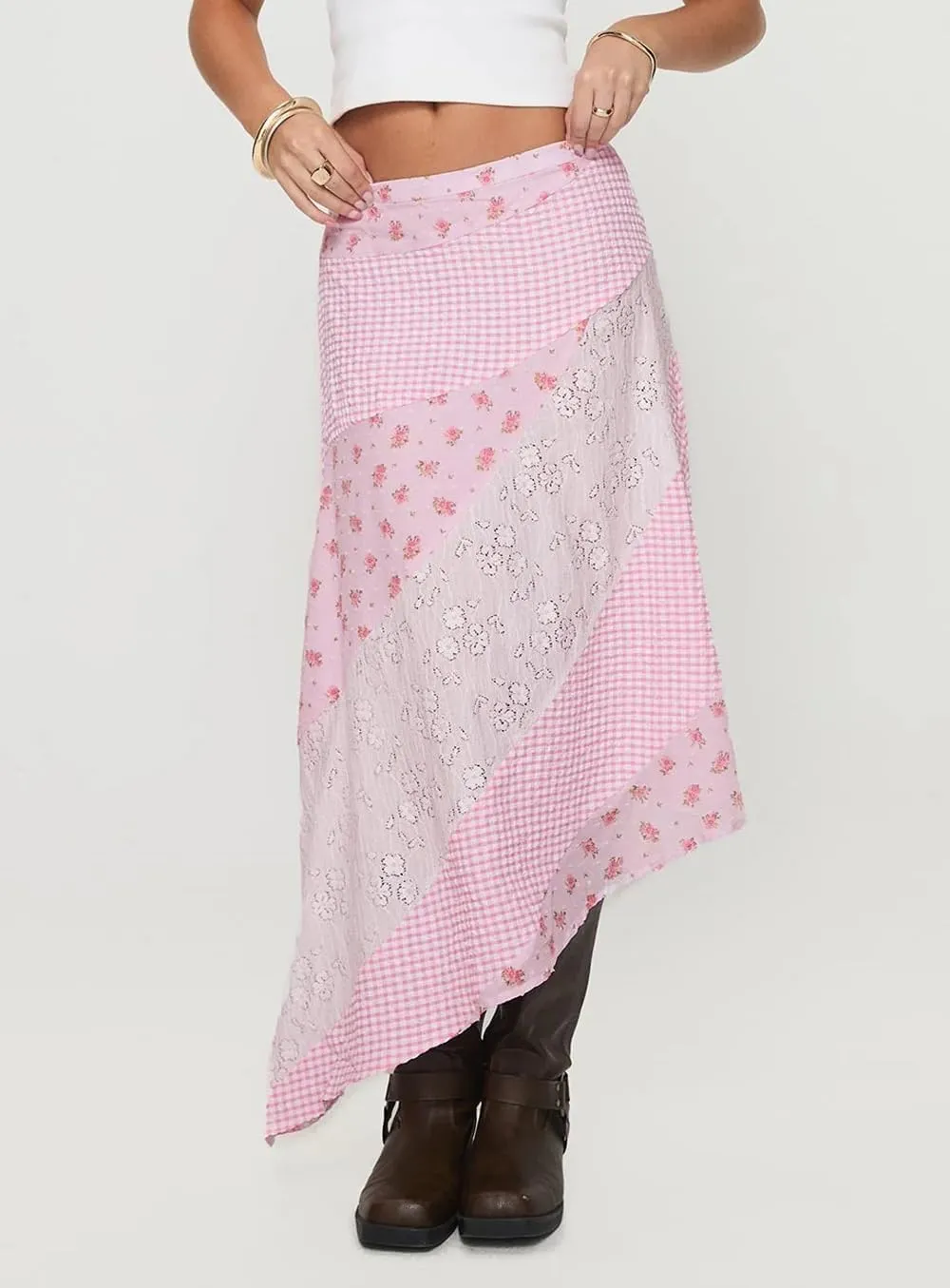 Women Lace Patchwork Skirt Y2K Flowy Low Rise Irregular Hem Polka Dot Skirts Summer Vacation Beachwear