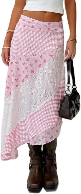 Women Lace Patchwork Skirt Y2K Flowy Low Rise Irregular Hem Polka Dot Skirts Summer Vacation Beachwear