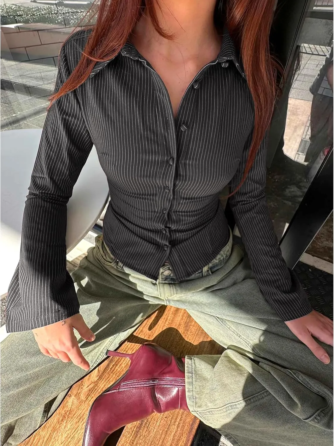 Women Striped Fitted Button Down Shirts Bell Long Sleeve Shirt Office Work Blouse Tops