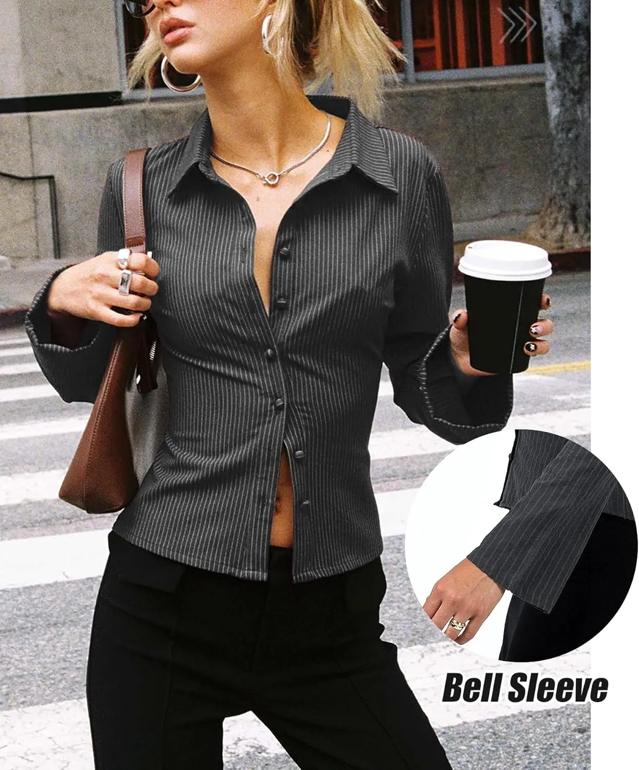 Women Striped Fitted Button Down Shirts Bell Long Sleeve Shirt Office Work Blouse Tops