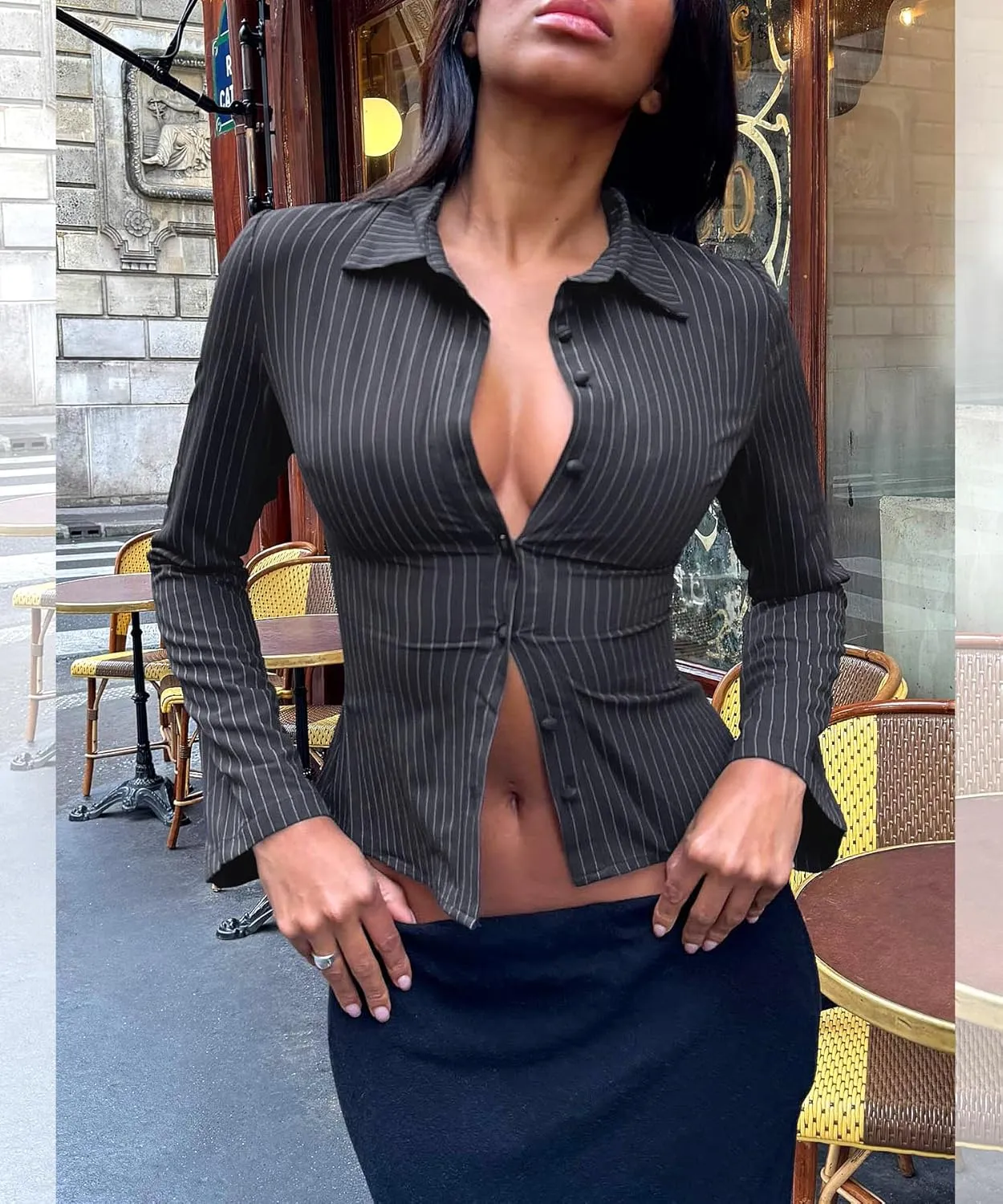Women Striped Fitted Button Down Shirts Bell Long Sleeve Shirt Office Work Blouse Tops