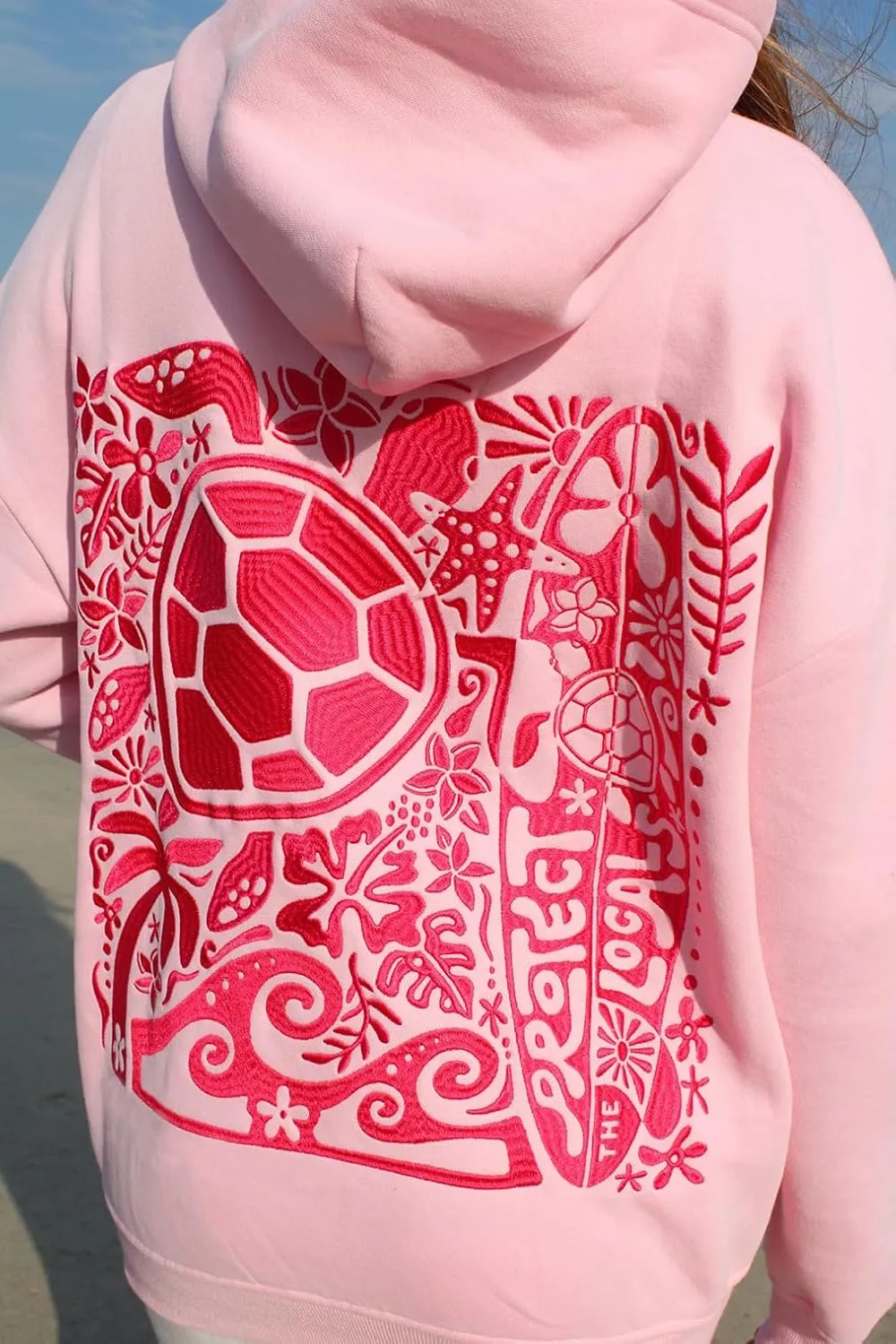 Women Teen Girls Cute Embroidered Flower Ocean Graphic Hoodies Coastal Preppy Long Sleeve Pocket Hoodie Sweatshirts