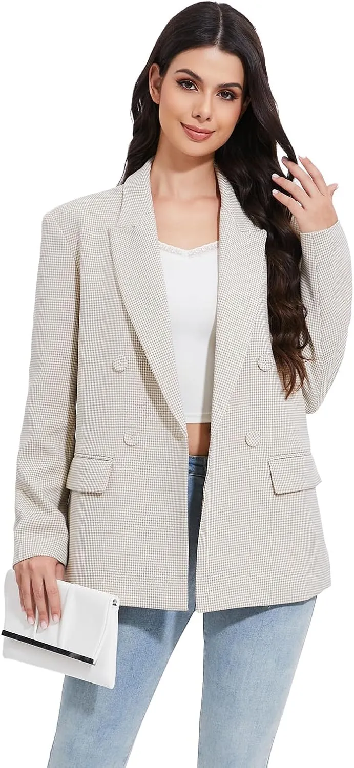 Women's Blazer Oversized Boyfriend Double Breasted Houndstooth Plaid Jacket - Lightweight Business Casual Blazers
