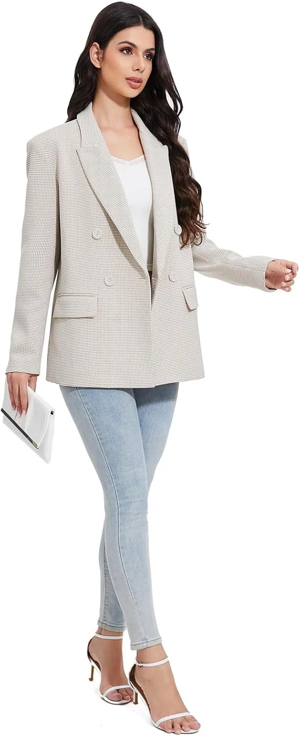 Women's Blazer Oversized Boyfriend Double Breasted Houndstooth Plaid Jacket - Lightweight Business Casual Blazers