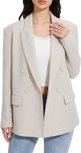 Women's Blazer Oversized Boyfriend Double Breasted Houndstooth Plaid Jacket - Lightweight Business Casual Blazers