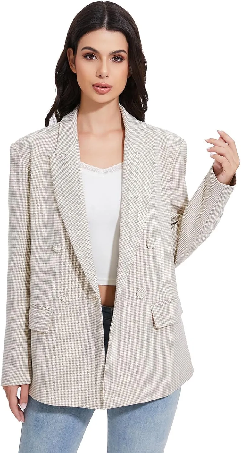 Women's Blazer Oversized Boyfriend Double Breasted Houndstooth Plaid Jacket - Lightweight Business Casual Blazers