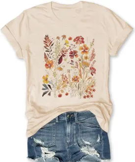 Women's Boho Flower T Shirt Vintage Flowers Printed Shirt Colorful Wildflower Graphic Tee Casual Botanical Short Sleeve