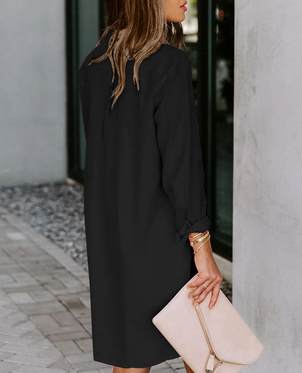 Womens Button Down Shirt Dresses with Pockets Cotton Button Up Tunics Long Sleeve Solid High Low Blouse Tops
