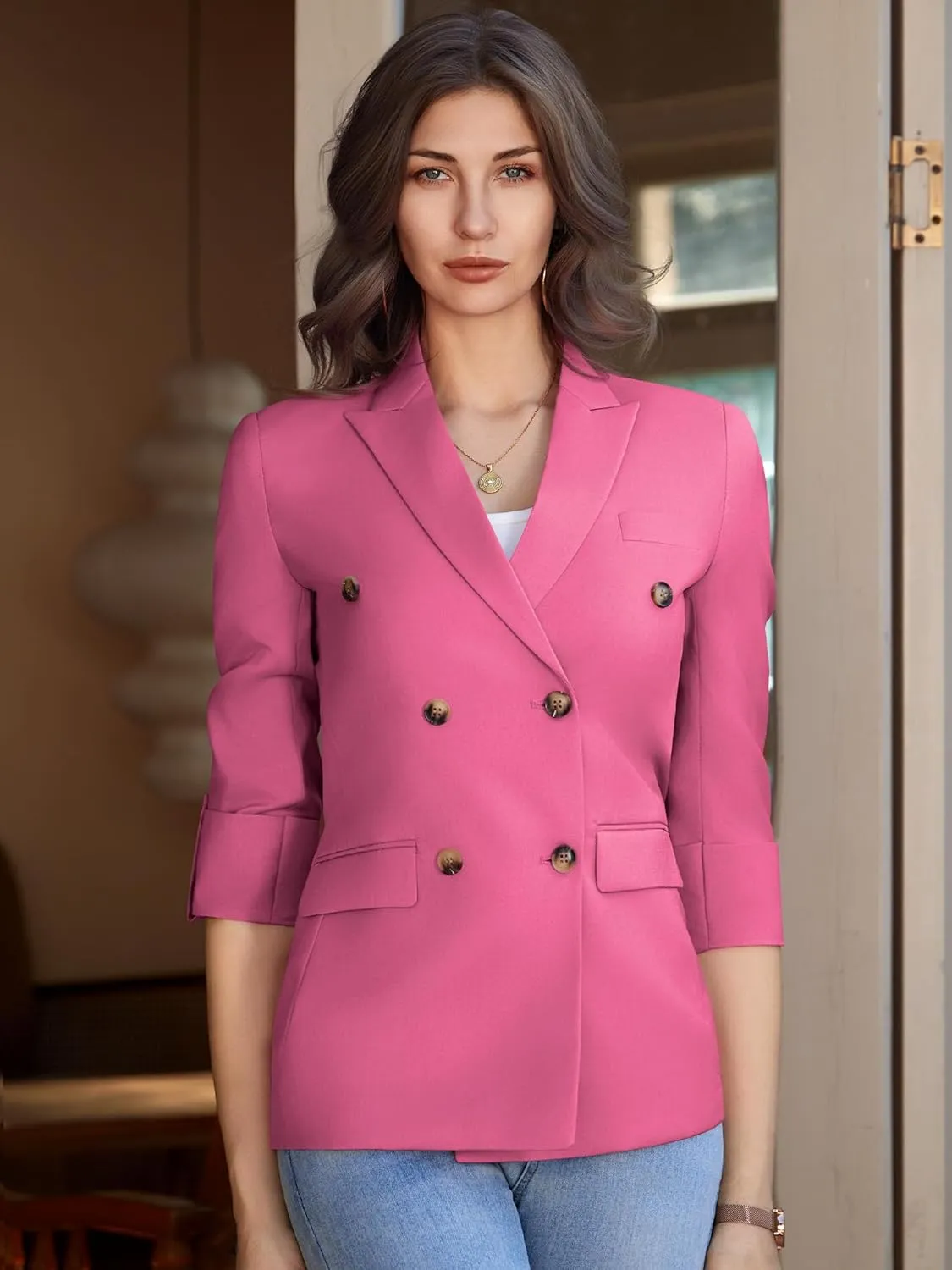 Womens Casual 3/4 Sleeve Blazers Double Breasted Open Front Blazer Solid Color Notch Lapel Suit Work Office Jackets