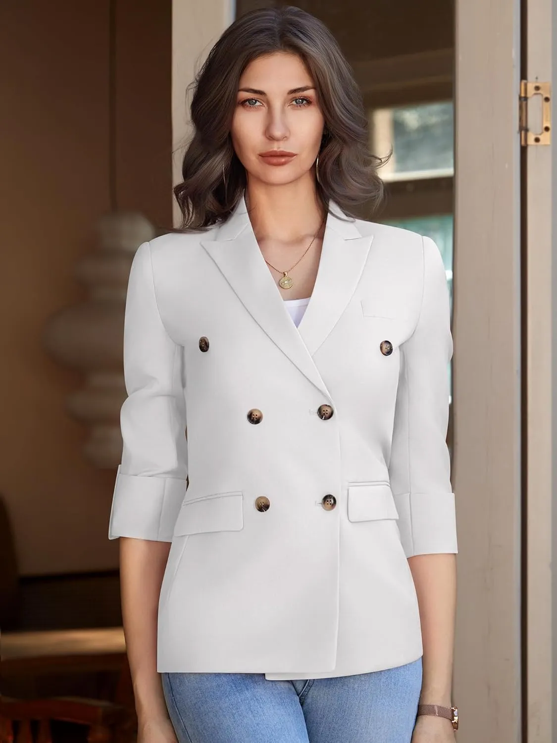 Womens Casual 3/4 Sleeve Blazers Double Breasted Open Front Blazer Solid Color Notch Lapel Suit Work Office Jackets