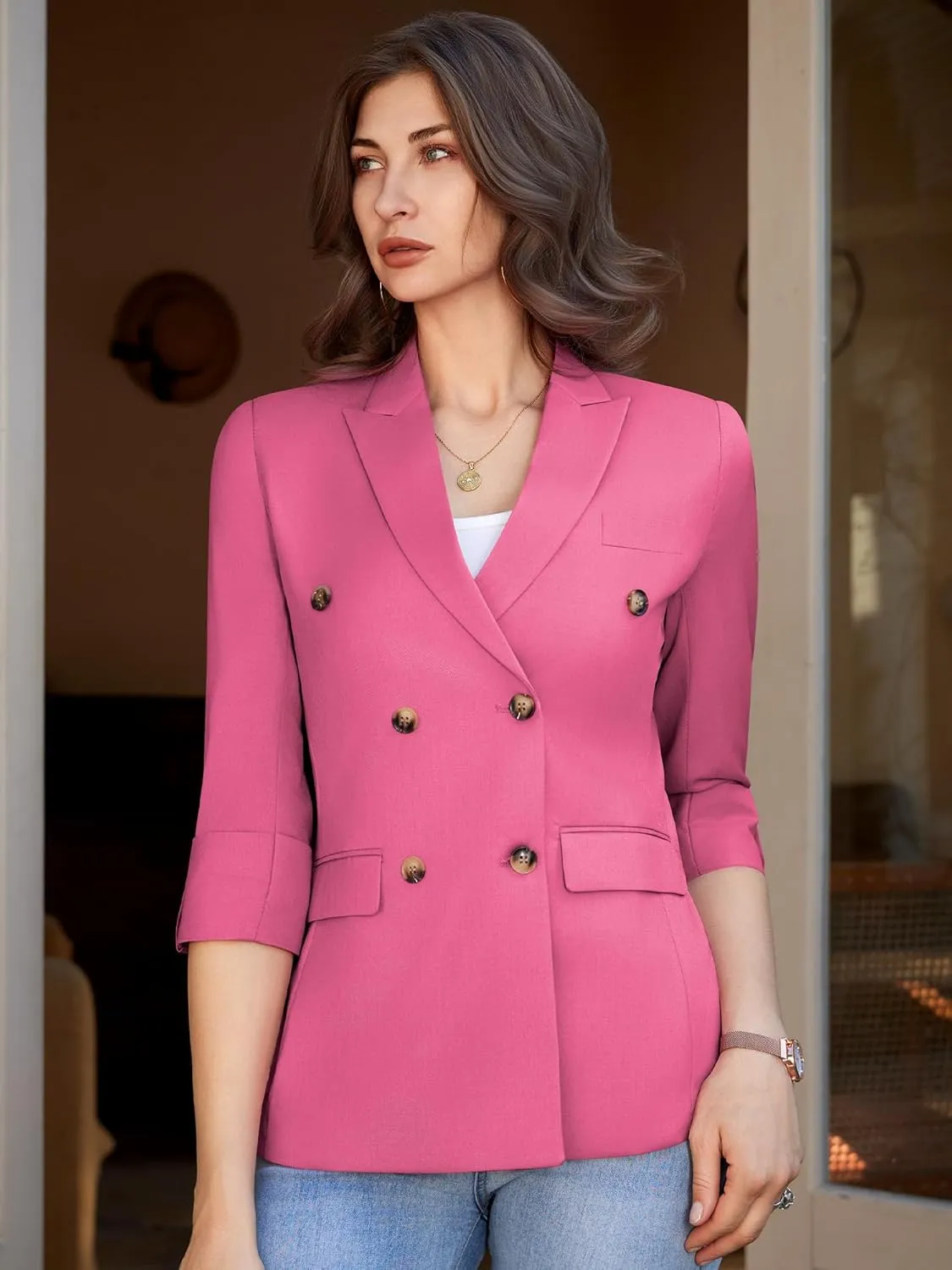Womens Casual 3/4 Sleeve Blazers Double Breasted Open Front Blazer Solid Color Notch Lapel Suit Work Office Jackets