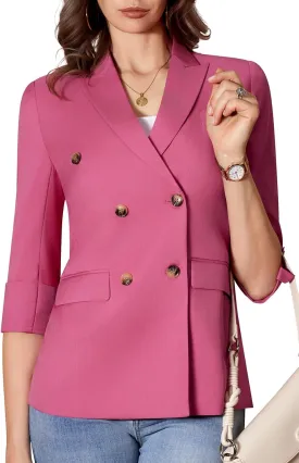 Womens Casual 3/4 Sleeve Blazers Double Breasted Open Front Blazer Solid Color Notch Lapel Suit Work Office Jackets