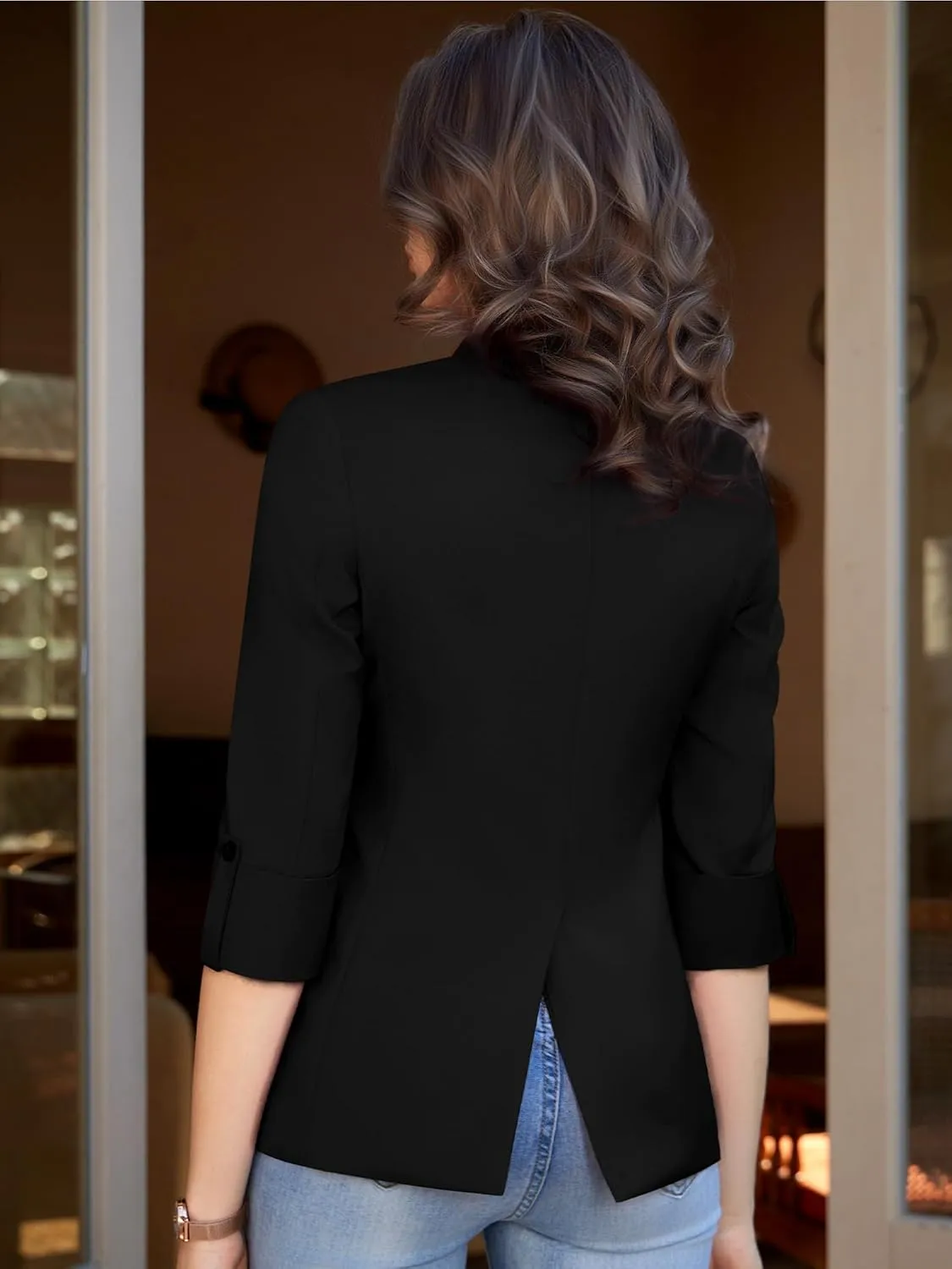 Womens Casual 3/4 Sleeve Blazers Double Breasted Open Front Blazer Solid Color Notch Lapel Suit Work Office Jackets