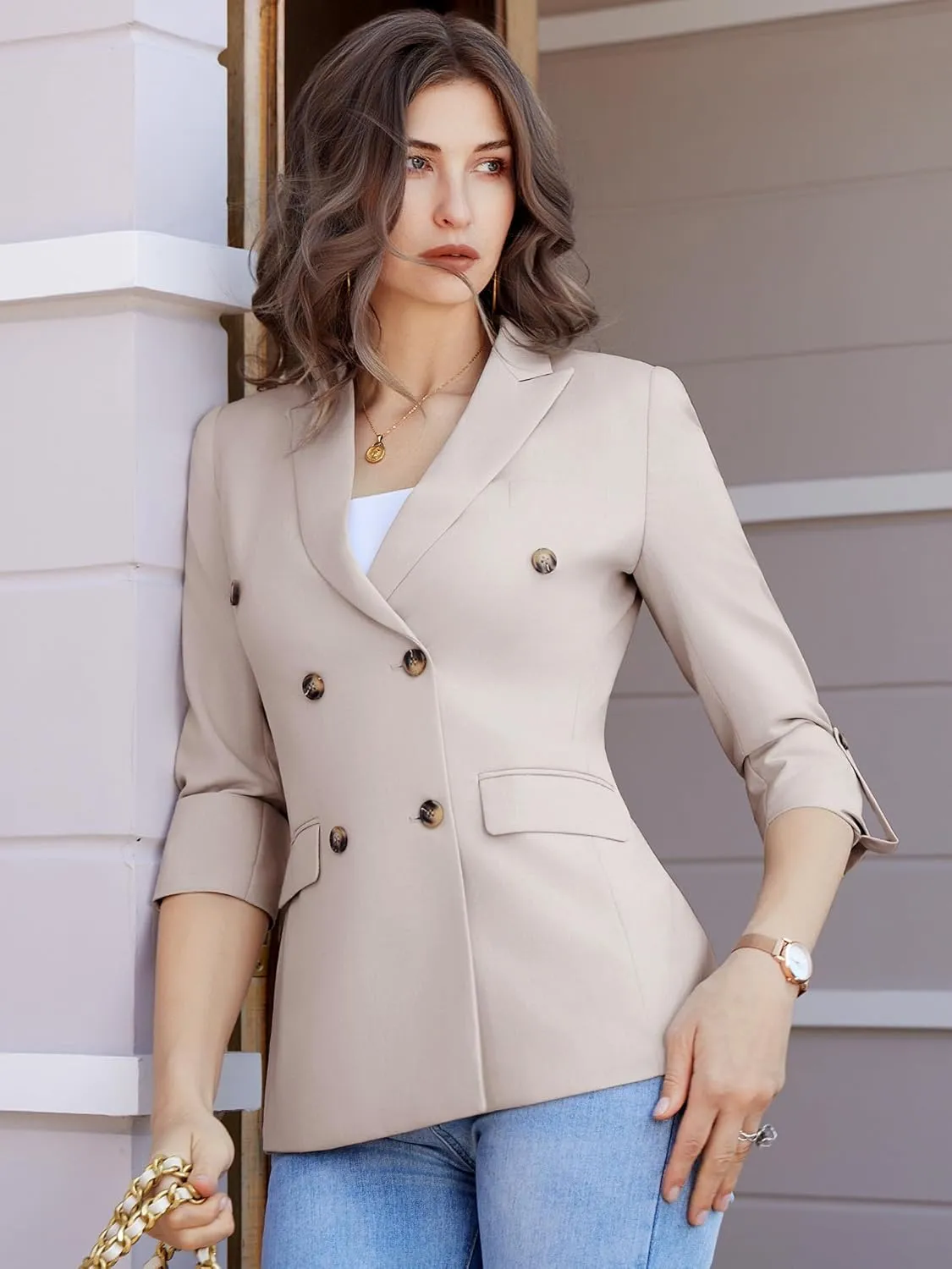 Womens Casual 3/4 Sleeve Blazers Double Breasted Open Front Blazer Solid Color Notch Lapel Suit Work Office Jackets