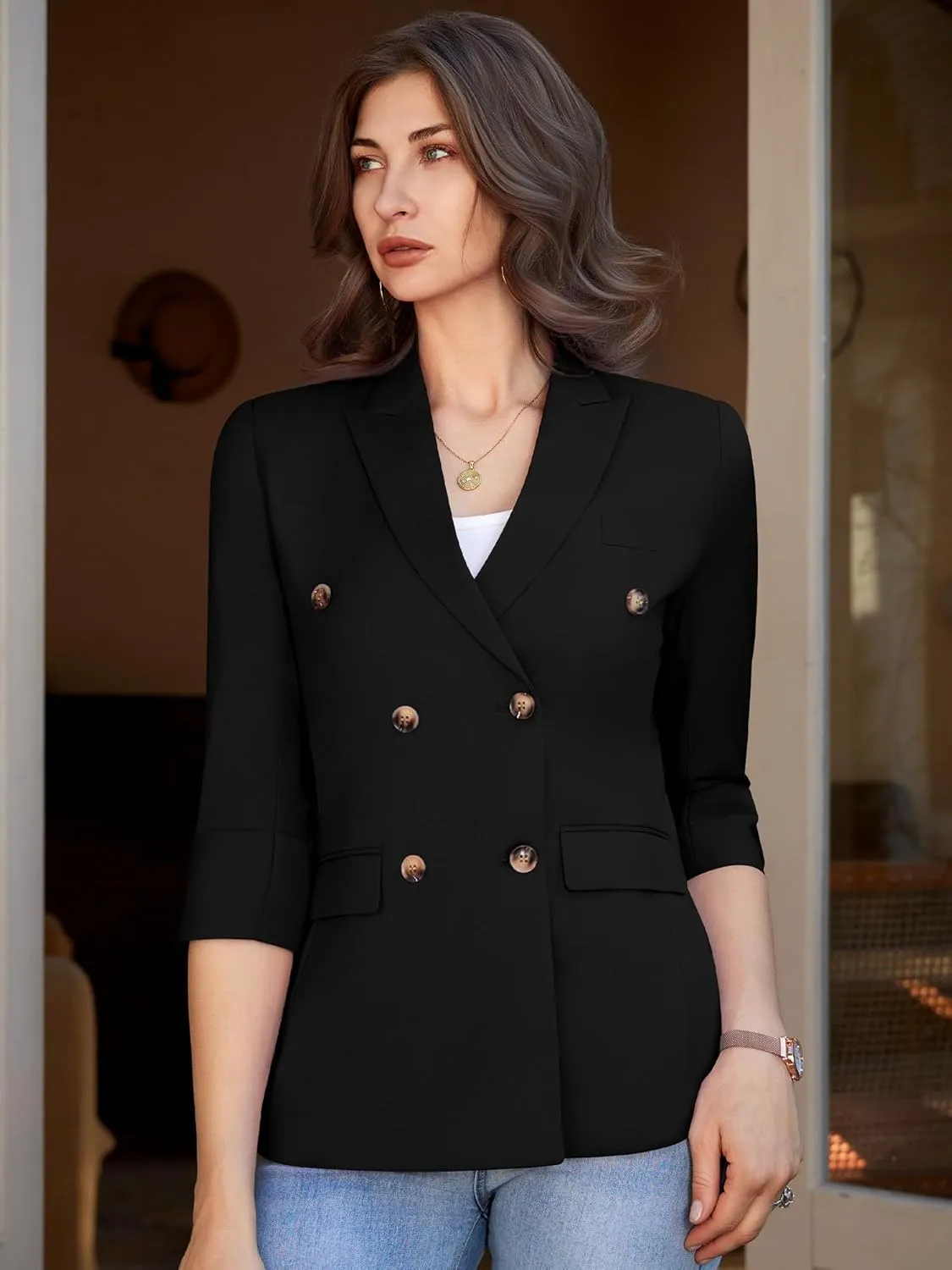 Womens Casual 3/4 Sleeve Blazers Double Breasted Open Front Blazer Solid Color Notch Lapel Suit Work Office Jackets