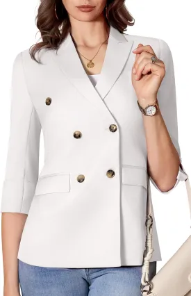 Womens Casual 3/4 Sleeve Blazers Double Breasted Open Front Blazer Solid Color Notch Lapel Suit Work Office Jackets