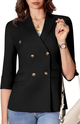 Womens Casual 3/4 Sleeve Blazers Double Breasted Open Front Blazer Solid Color Notch Lapel Suit Work Office Jackets