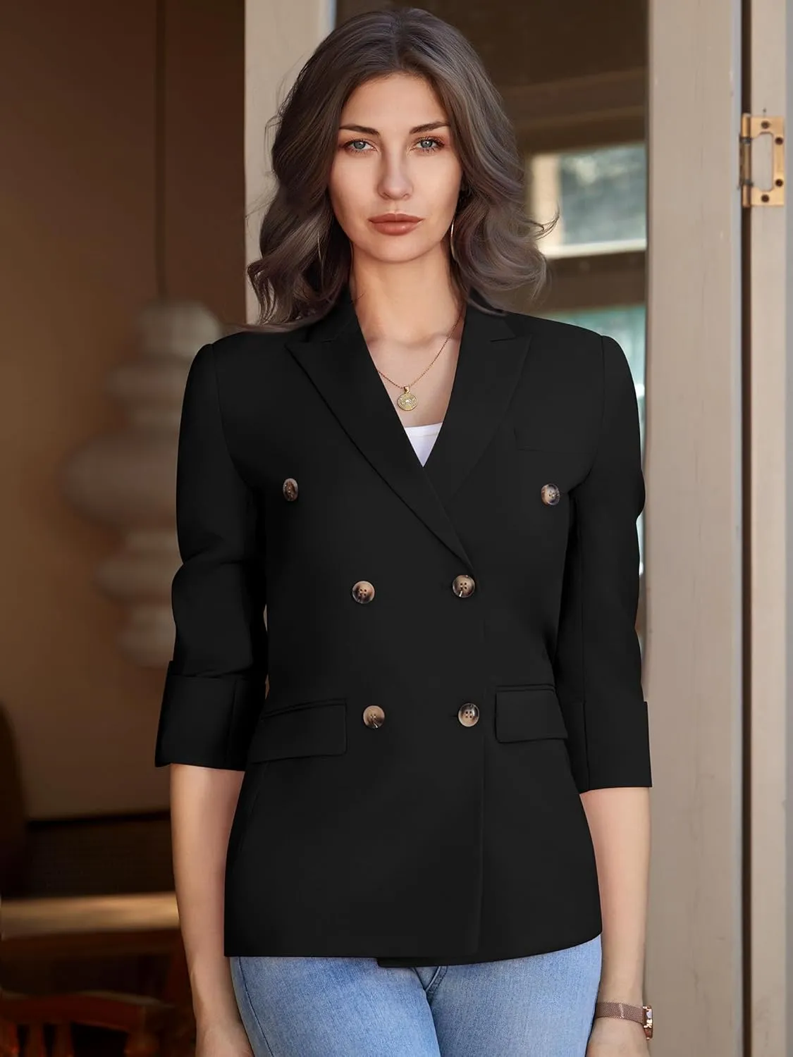 Womens Casual 3/4 Sleeve Blazers Double Breasted Open Front Blazer Solid Color Notch Lapel Suit Work Office Jackets
