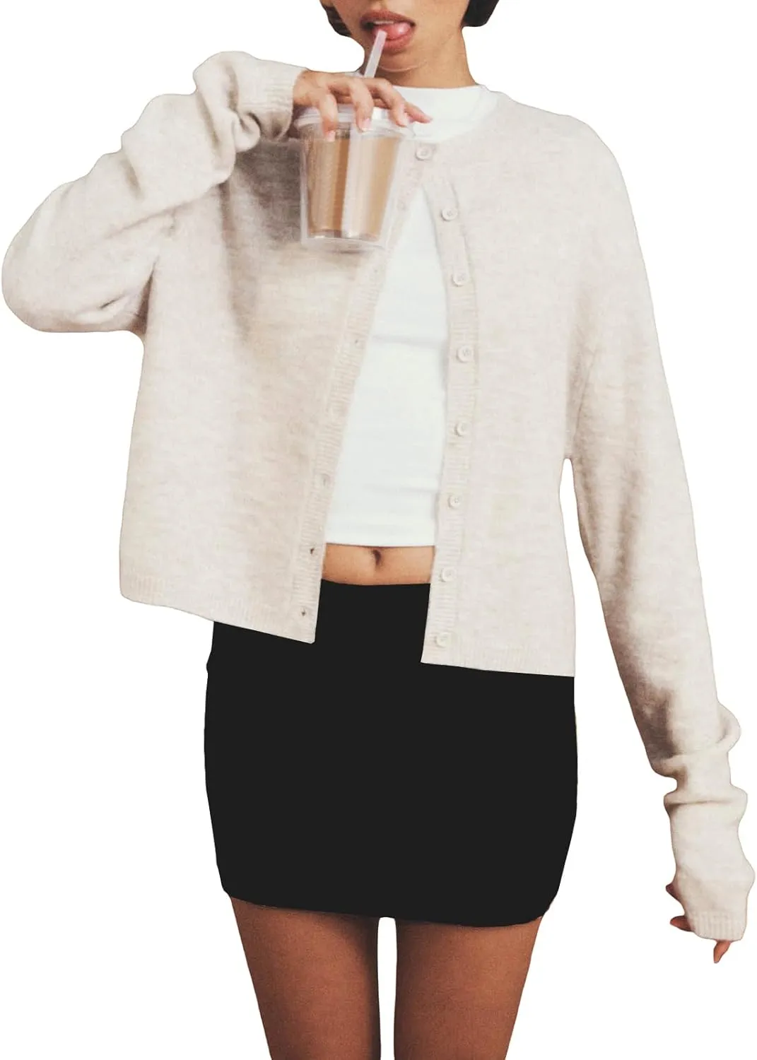 Women's Casual Crop Knit Cardigan Y2K Open Front Button Down Crop Sweater Cardigan Crew Neck Fall Tops Streetwear