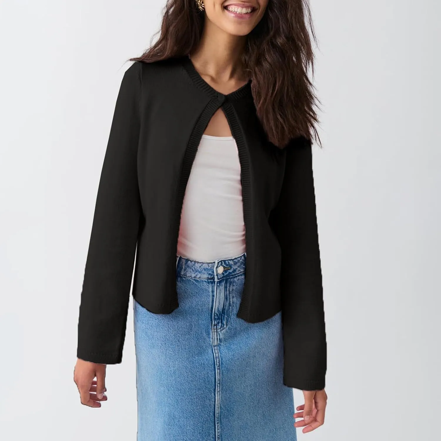 Women's Casual Crop Knit Cardigan Y2K Open Front Button Down Crop Sweater Cardigan Crew Neck Fall Tops Streetwear