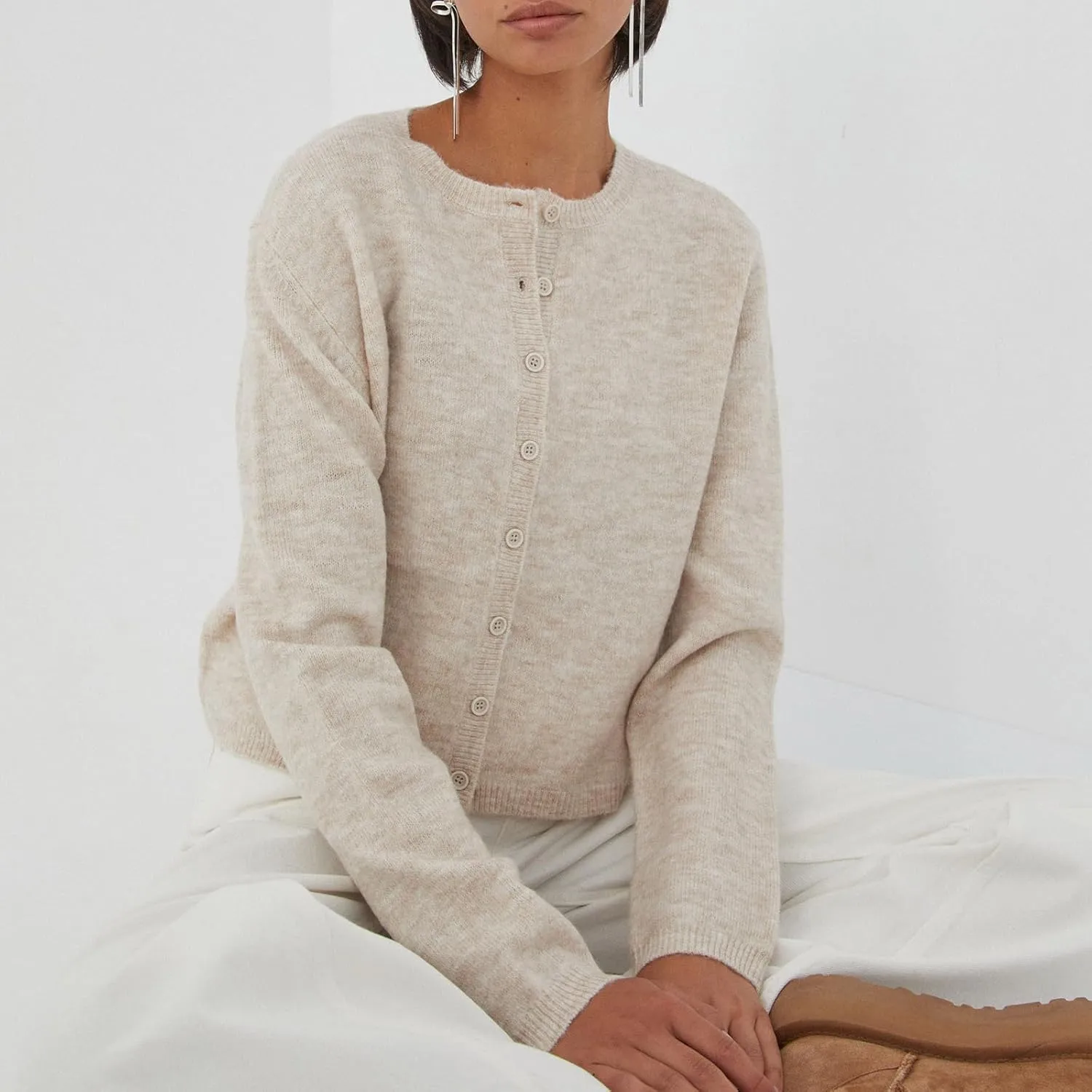 Women's Casual Crop Knit Cardigan Y2K Open Front Button Down Crop Sweater Cardigan Crew Neck Fall Tops Streetwear