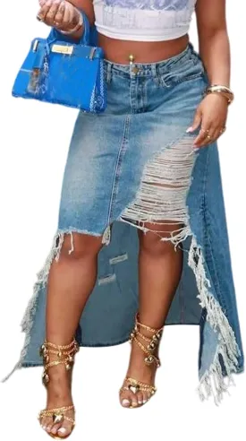 Women's Casual Slit Maxi Denim Skirt High Waisted Ripped Frayed Raw Hem Distressed High Low Long Jean Skirt