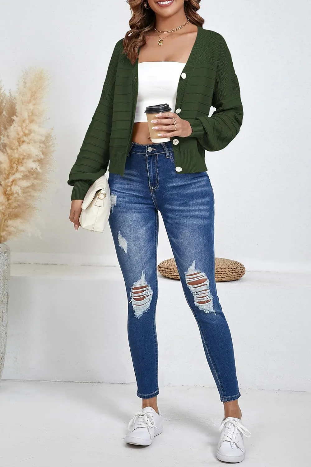 Women's Cropped Cardigan Lightweight Button Down V Neck Knit Dressy Casual Short Cardigan Sweaters