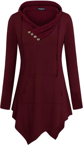 Womens Cross Neck Uneven Hemline Hoody Long Sleeve Loose Flare Tunic Henley