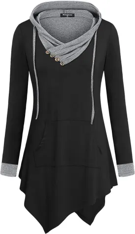 Womens Cross Neck Uneven Hemline Hoody Long Sleeve Loose Flare Tunic Henley