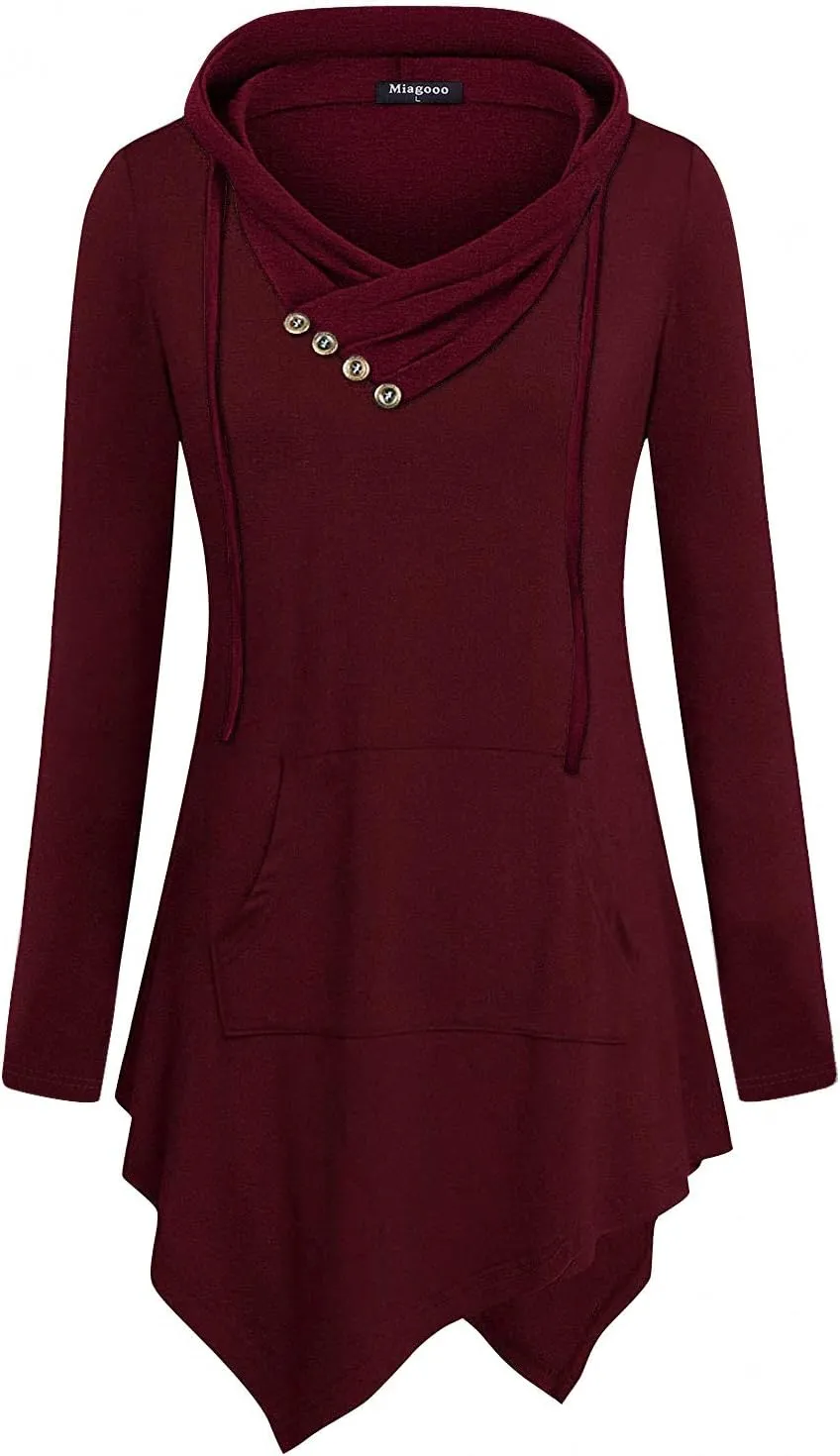 Womens Cross Neck Uneven Hemline Hoody Long Sleeve Loose Flare Tunic Henley