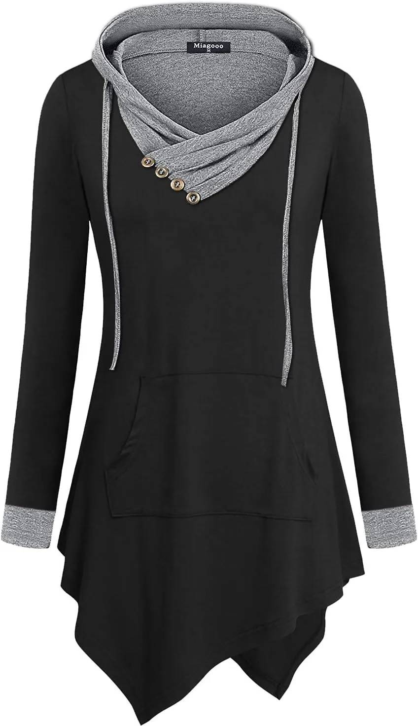 Womens Cross Neck Uneven Hemline Hoody Long Sleeve Loose Flare Tunic Henley