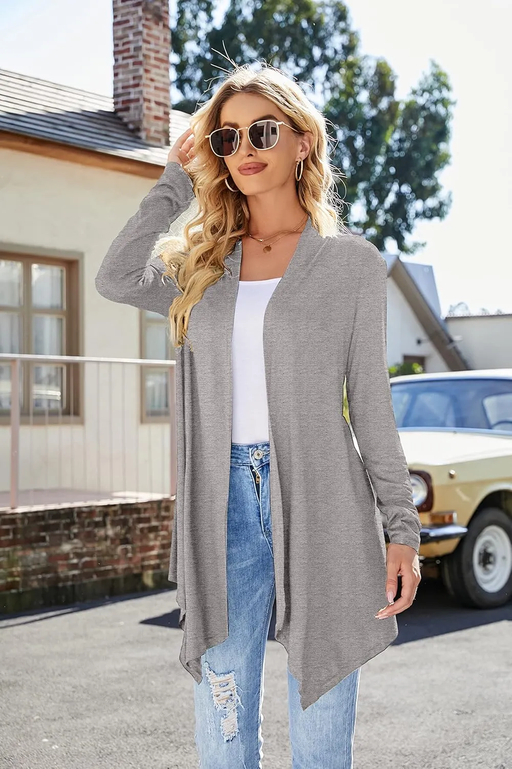 Women's Draped Front Open Cardigan Casual Long Sleeve Lightweight Cardigan Sweaters Duster