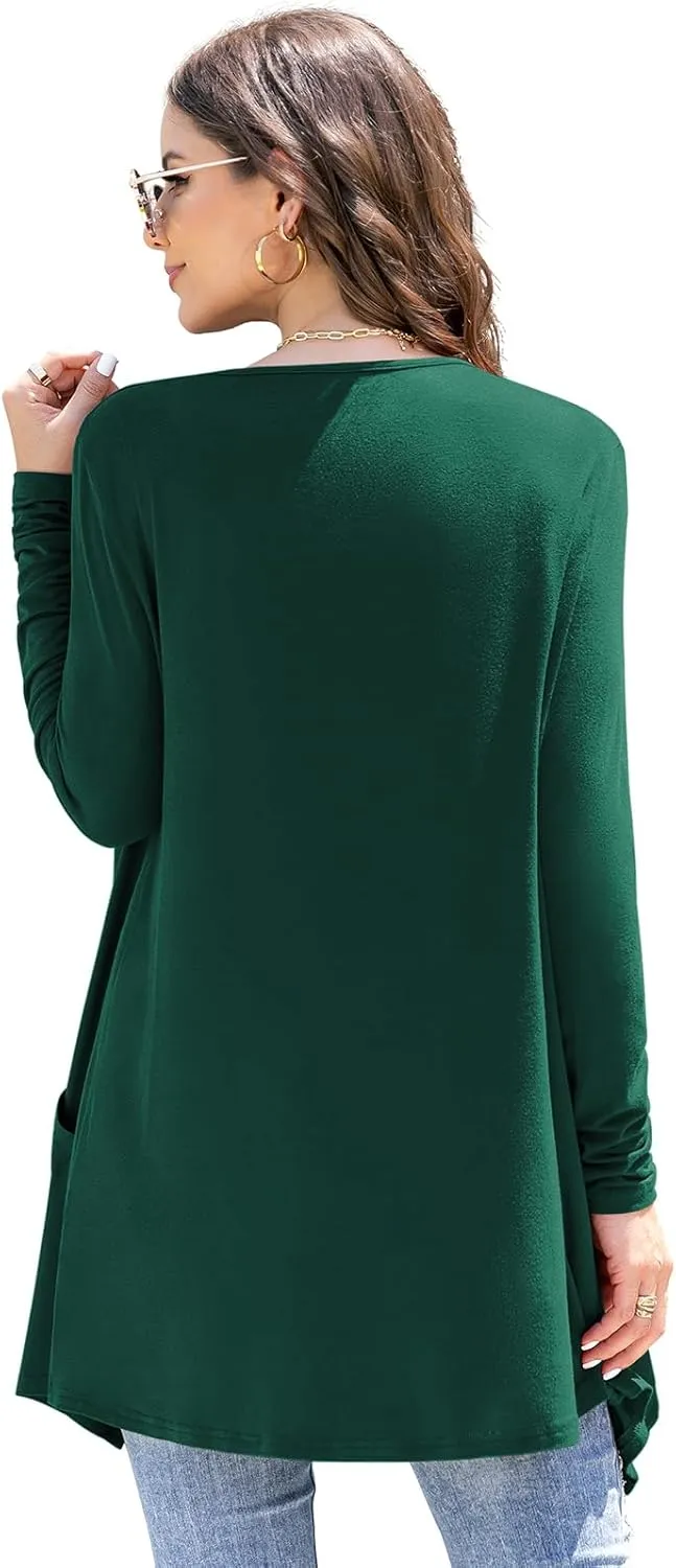 Women's Lightweight Cardigan Casual Soft Long Sleeve Floral Knit Cardigans with Pockets High Low Hem Draped Duster