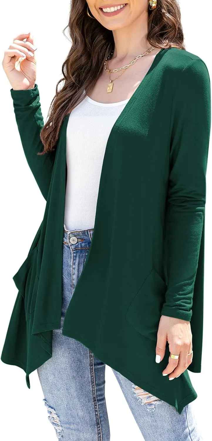 Women's Lightweight Cardigan Casual Soft Long Sleeve Floral Knit Cardigans with Pockets High Low Hem Draped Duster