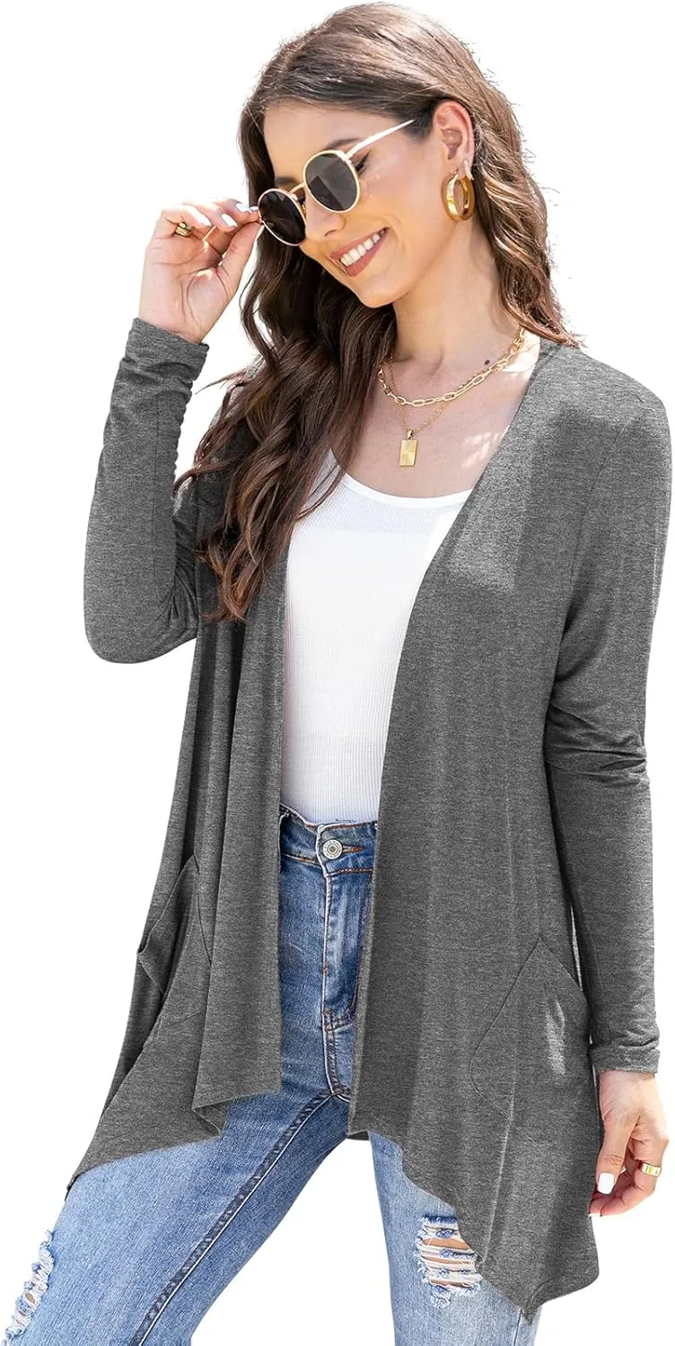 Women's Lightweight Cardigan Casual Soft Long Sleeve Floral Knit Cardigans with Pockets High Low Hem Draped Duster