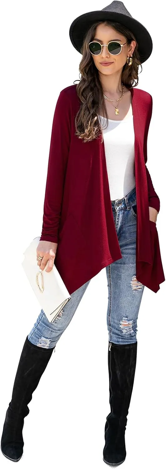 Women's Lightweight Cardigan Casual Soft Long Sleeve Floral Knit Cardigans with Pockets High Low Hem Draped Duster