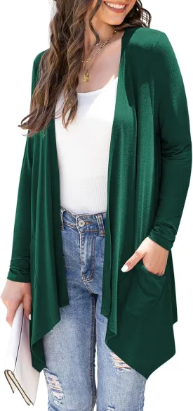 Women's Lightweight Cardigan Casual Soft Long Sleeve Floral Knit Cardigans with Pockets High Low Hem Draped Duster