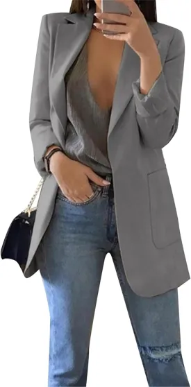 Womens Open Front Long Sleeve Jackets Casual Lapel Collar Blazer Solid Color Loose Fit Outfit Blazer