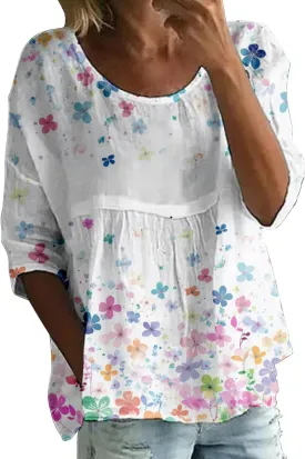 Womens Peasant Boho Tunic Tops 2025 Floral Printed 3/4 Length Sleeve Casual Loose Fit Summer Flowy Babydoll Blouses