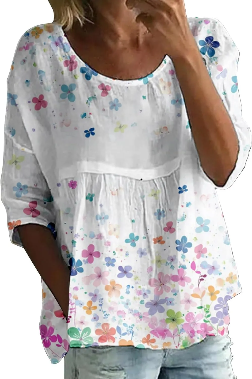 Womens Peasant Boho Tunic Tops 2025 Floral Printed 3/4 Length Sleeve Casual Loose Fit Summer Flowy Babydoll Blouses
