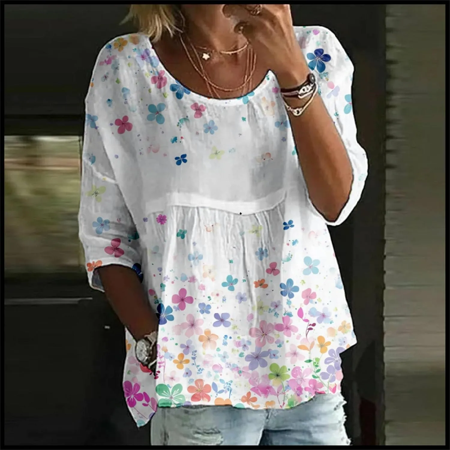 Womens Peasant Boho Tunic Tops 2025 Floral Printed 3/4 Length Sleeve Casual Loose Fit Summer Flowy Babydoll Blouses