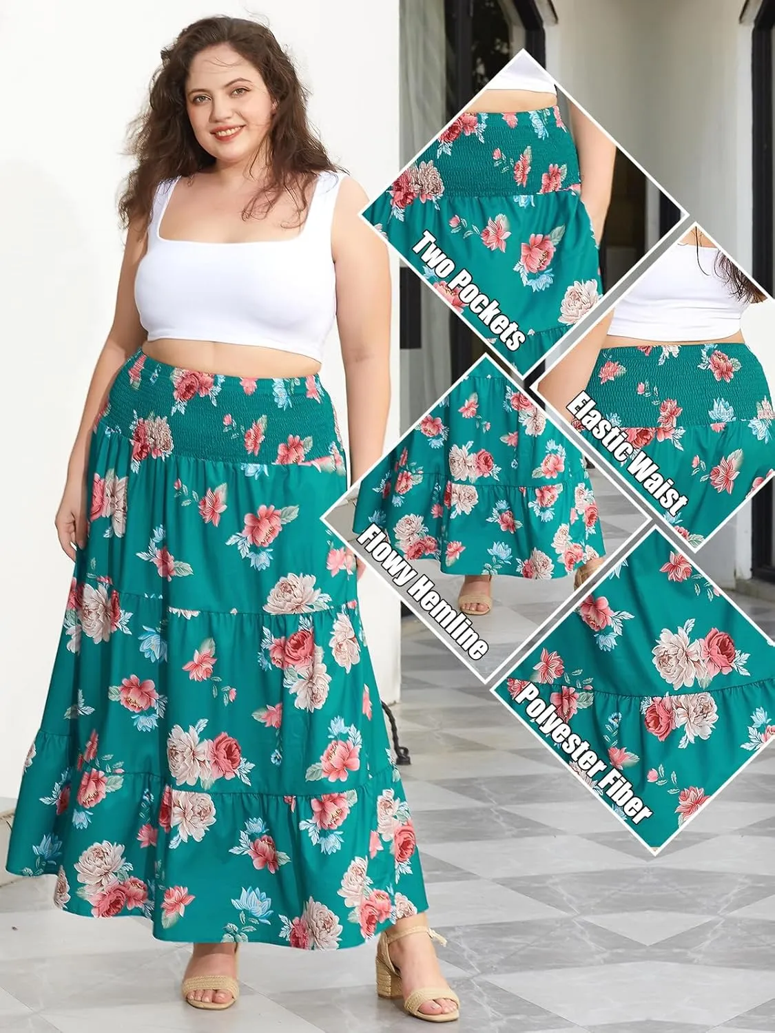 Women's Plus Size Maxi Skirt High Waist Pleated Flowy Floral Long Skirts with Pockets
