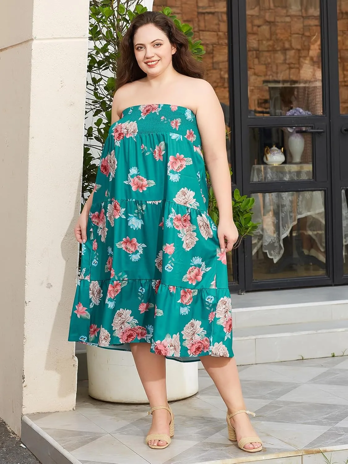 Women's Plus Size Maxi Skirt High Waist Pleated Flowy Floral Long Skirts with Pockets