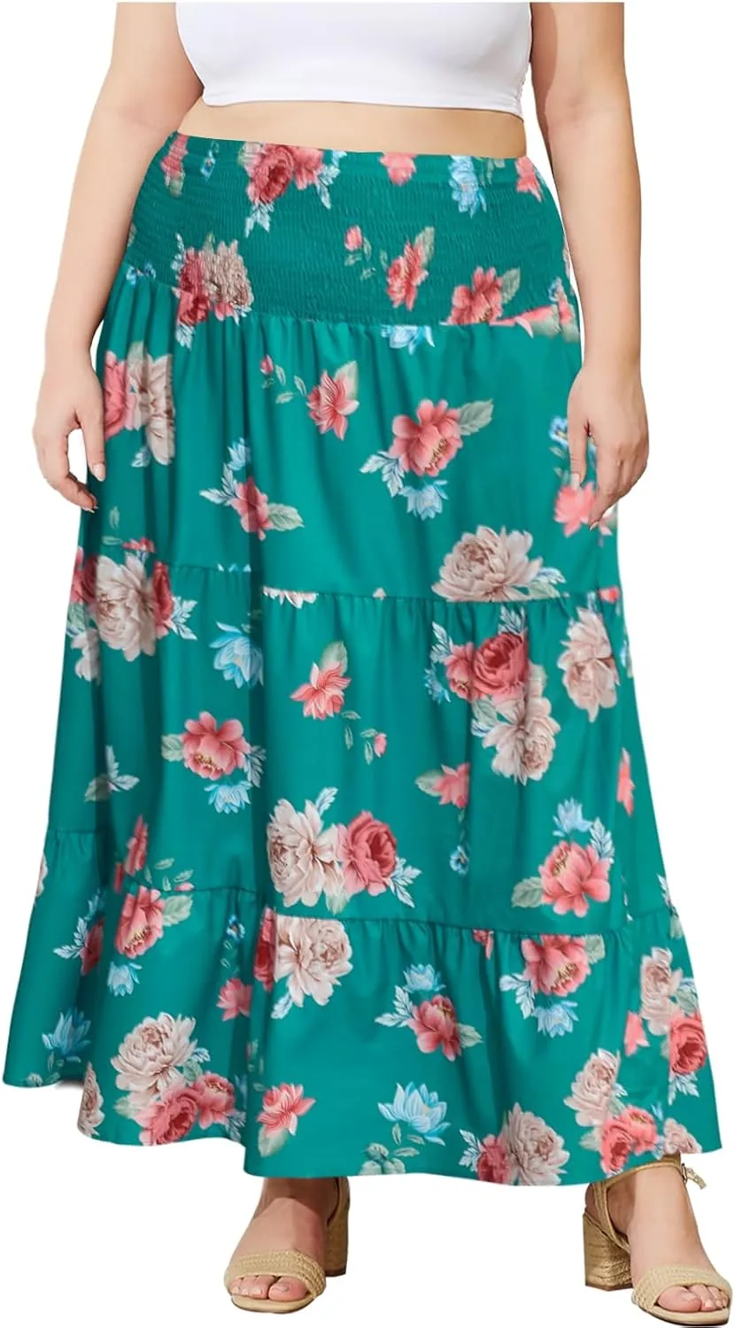 Women's Plus Size Maxi Skirt High Waist Pleated Flowy Floral Long Skirts with Pockets